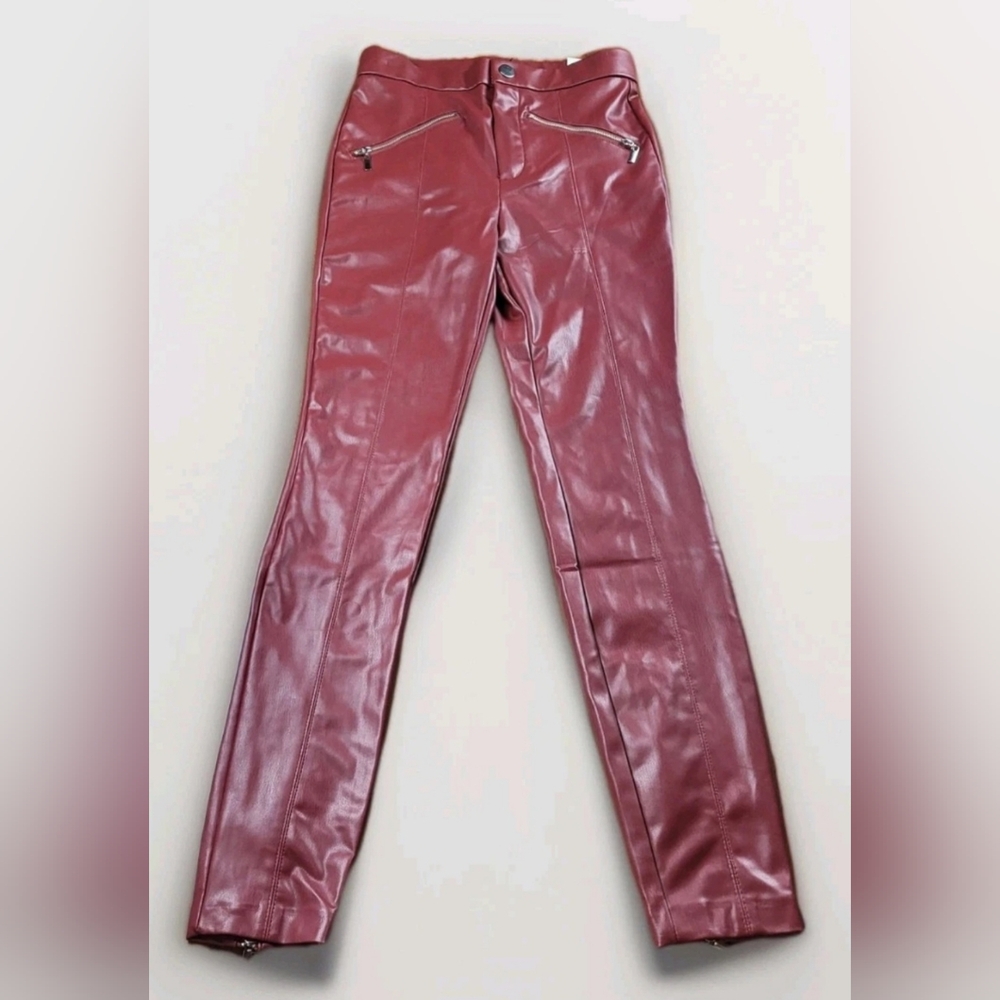 Zara Faux Leather Leggings Shiny Burgundy Size 24 XS Extra Small New With Tags